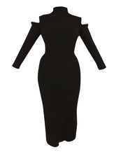 Load image into Gallery viewer, BLACK HIGH NECK KNITTED JUMPER DRESS WITH ZIP SHOULDER DETAIL