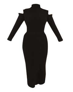 BLACK HIGH NECK KNITTED JUMPER DRESS WITH ZIP SHOULDER DETAIL