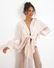 Load image into Gallery viewer, CHAMPAGNE SATIN TIE FRONT BLOUSE WITH ELASTIC CUFFS