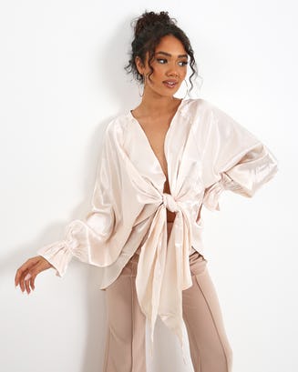 CHAMPAGNE SATIN TIE FRONT BLOUSE WITH ELASTIC CUFFS