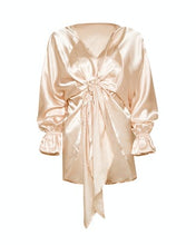 Load image into Gallery viewer, CHAMPAGNE SATIN TIE FRONT BLOUSE WITH ELASTIC CUFFS