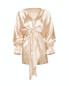 CHAMPAGNE SATIN TIE FRONT BLOUSE WITH ELASTIC CUFFS