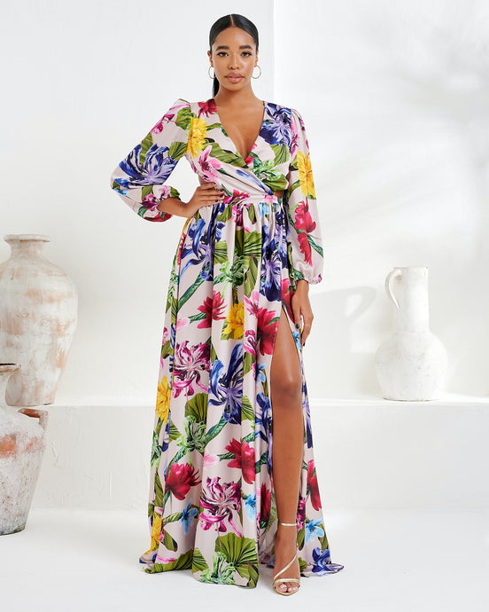 MULTI FLORAL PRINT MAXI DRESS WITH OPEN BACK DETAIL