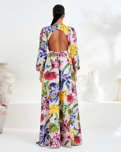 MULTI FLORAL PRINT MAXI DRESS WITH OPEN BACK DETAIL