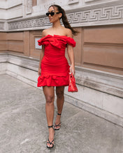Load image into Gallery viewer, RED OFF THE SHOULDER RUFFLE MINI DRESS