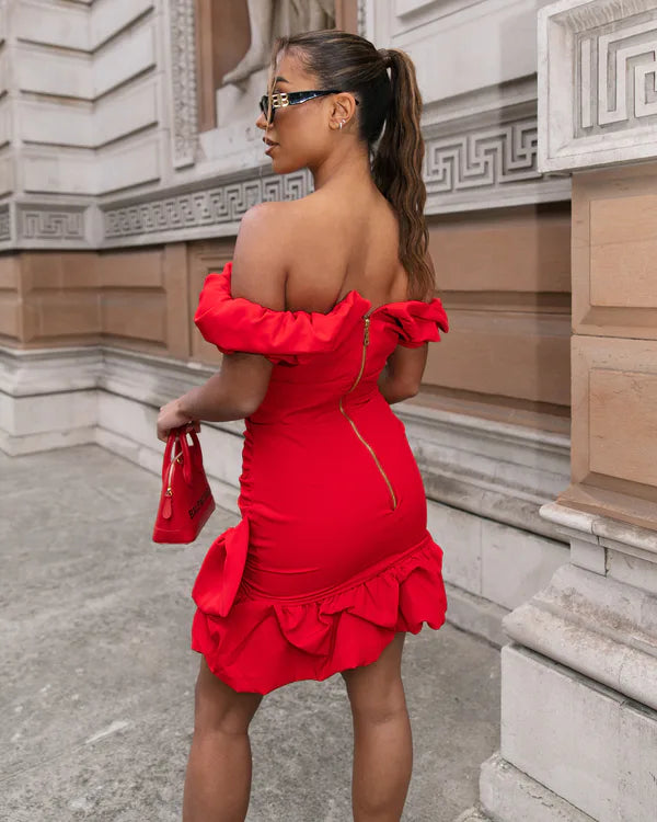 RED OFF THE SHOULDER RUFFLE MINI DRESS – Arelia's Dream