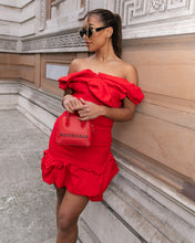 Load image into Gallery viewer, RED OFF THE SHOULDER RUFFLE MINI DRESS