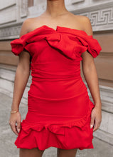 Load image into Gallery viewer, RED OFF THE SHOULDER RUFFLE MINI DRESS