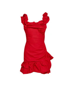 RED OFF THE SHOULDER RUFFLE MINI DRESS