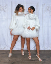 Load image into Gallery viewer, WHITE SMOCK MINI DRESS WITH VOLUME SLEEVE AND TULLE HEM