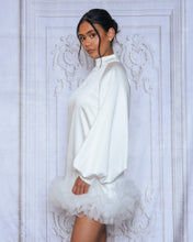 Load image into Gallery viewer, WHITE SMOCK MINI DRESS WITH VOLUME SLEEVE AND TULLE HEM