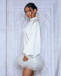 WHITE SMOCK MINI DRESS WITH VOLUME SLEEVE AND TULLE HEM