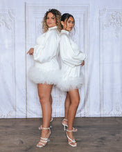 Load image into Gallery viewer, WHITE SMOCK MINI DRESS WITH VOLUME SLEEVE AND TULLE HEM