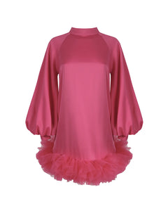 PINK SMOCK MINI DRESS WITH VOLUME SLEEVE AND TULLE HEM