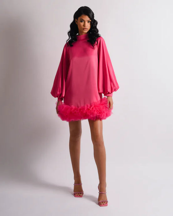 PINK SMOCK MINI DRESS WITH VOLUME SLEEVE AND TULLE HEM