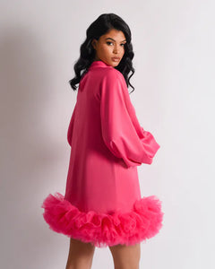 PINK SMOCK MINI DRESS WITH VOLUME SLEEVE AND TULLE HEM
