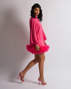 PINK SMOCK MINI DRESS WITH VOLUME SLEEVE AND TULLE HEM