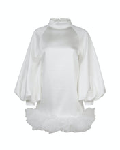 Load image into Gallery viewer, WHITE SMOCK MINI DRESS WITH VOLUME SLEEVE AND TULLE HEM