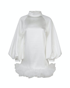 WHITE SMOCK MINI DRESS WITH VOLUME SLEEVE AND TULLE HEM
