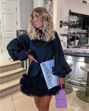 Load image into Gallery viewer, BLACK SMOCK MINI DRESS WITH VOLUME SLEEVE AND TULLE HEM