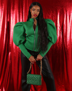 GREEN SCUBA ZIP UP JACKET WITH PUFF SLEEVE
