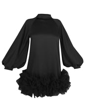 Load image into Gallery viewer, BLACK SMOCK MINI DRESS WITH VOLUME SLEEVE AND TULLE HEM