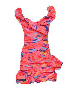MULTI PRINT OFF THE SHOULDER RUFFLE MINI DRESS
