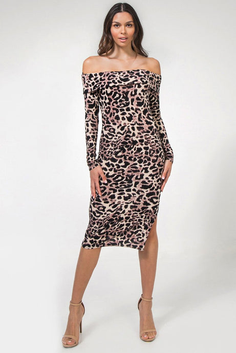 LEOPARD OFF SHOULDER FOLDED MIDI DRESS