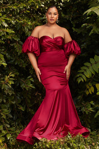 FITTED PUFF SLEEVE SATIN GOWN - BURGUNDY