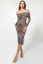 Load image into Gallery viewer, LEOPARD OFF SHOULDER FOLDED MIDI DRESS