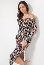 Load image into Gallery viewer, LEOPARD OFF SHOULDER FOLDED MIDI DRESS