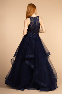 EMBROIDERED APPLIQUE BODICE TULLE GOWN