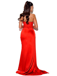 HOLLY RED CRYSTALLIZED CORSET HIGH SLIT SATIN GOWN