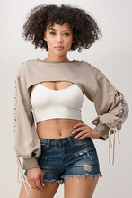 Load image into Gallery viewer, FRENCH TERRY BOLERO TOP WITH LACE UP TRIM