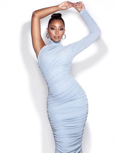 PEYTON ONE SLEEVE RUCHED PENCIL DRESS
