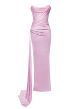 Load image into Gallery viewer, HOLLY PINK CRYSTALLIZED CORSET HIGH SLIT SATIN GOWN
