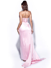 Load image into Gallery viewer, HOLLY PINK CRYSTALLIZED CORSET HIGH SLIT SATIN GOWN