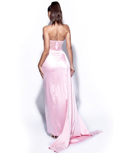 HOLLY PINK CRYSTALLIZED CORSET HIGH SLIT SATIN GOWN