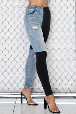 COLOR BLOCK WASHED DENIM STRETCHY SKINNY JEANS