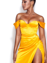 Load image into Gallery viewer, ZARAH YELLOW HIGH SLIT SATIN CORSET DRESS