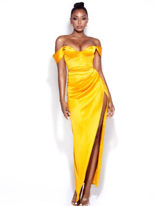 ZARAH YELLOW HIGH SLIT SATIN CORSET DRESS