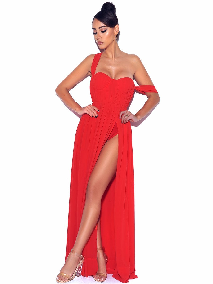 RED PARADISE HIGH SLIT CHIFFON MAXI DRESS  Arelia's Dream
