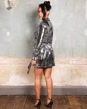 Load image into Gallery viewer, SILVER SEQUIN SHIRT DRESS WITH TIE FRONT