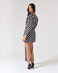 BLACK AND WHITE POLKA DOT MINI DRESS WITH PUFF SLEEVES AND DRAPE DETAIL