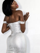 Load image into Gallery viewer, IRREPLACEABLE OFF SHOULDER SILVER METALLIC BANDAGE DRESS