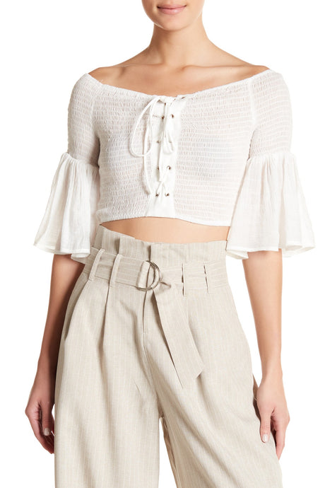 OFF THE SHOULDER SMOCK CROP TOP