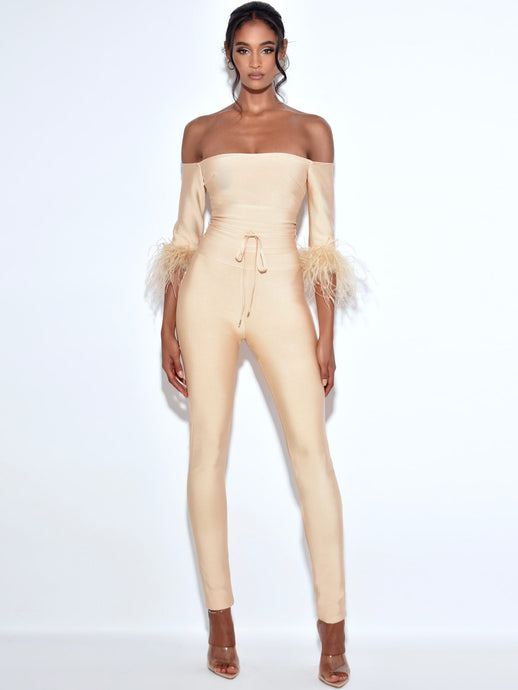 QUELLA BEIGE OFF SHOULDER FEATHER SLEEVE BANDAGE JUMPSUIT