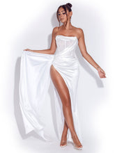 Load image into Gallery viewer, HOLLY WHITE CRYSTALLIZED CORSET HIGH SLIT SATIN GOWN