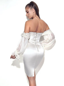 LYDIA PEARL WHITE SATIN OFF SHOULDER PUFF SLEEVE DRESS
