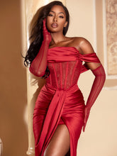Load image into Gallery viewer, STELLA BURGUNDY OFF SHOULDER CRYSTAL CORSET SATIN GOWN